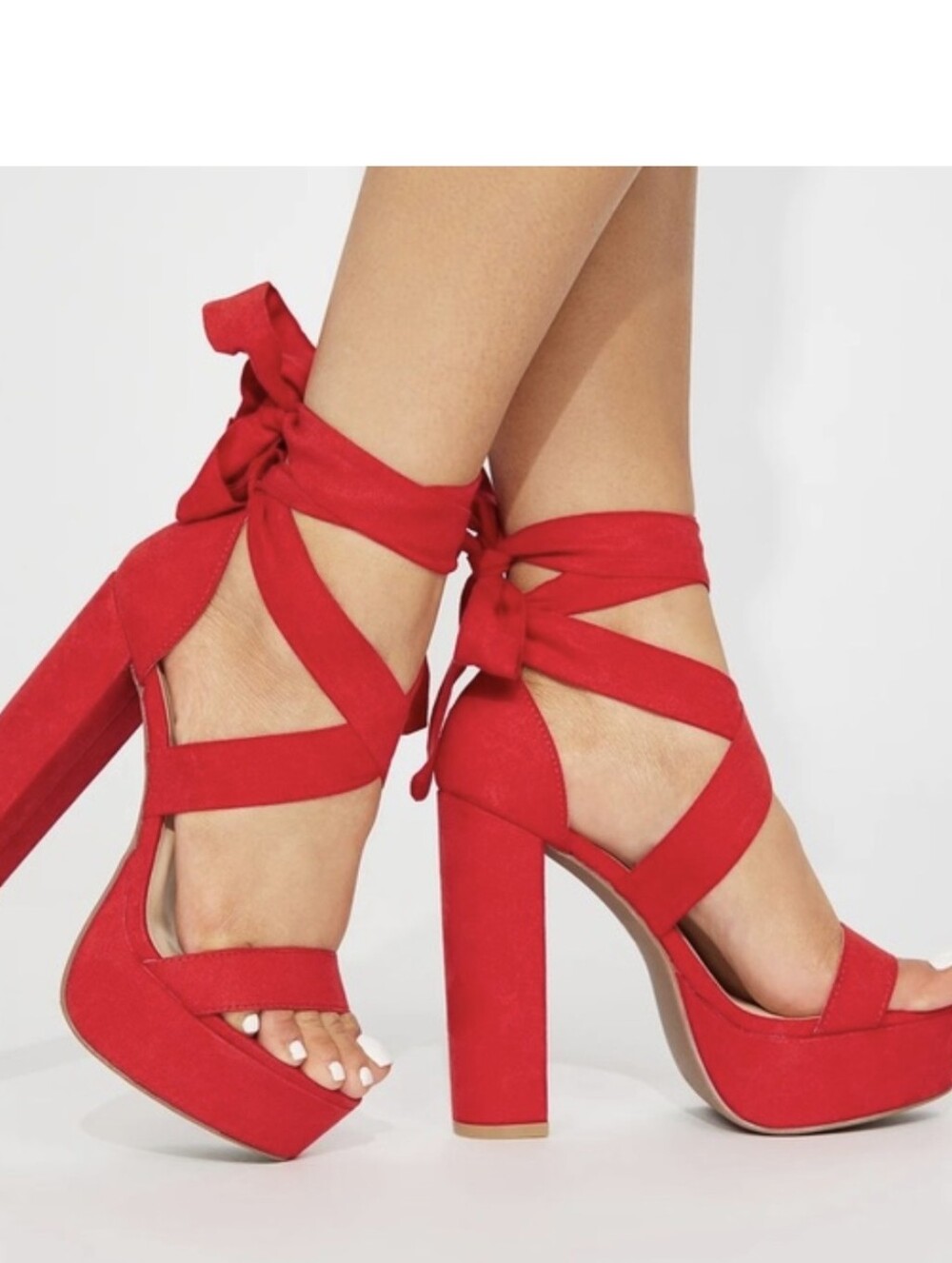 Fashion Nova Red Suede Wraparound Lace-Up Platform Block Heels Fanny 32 size 9
